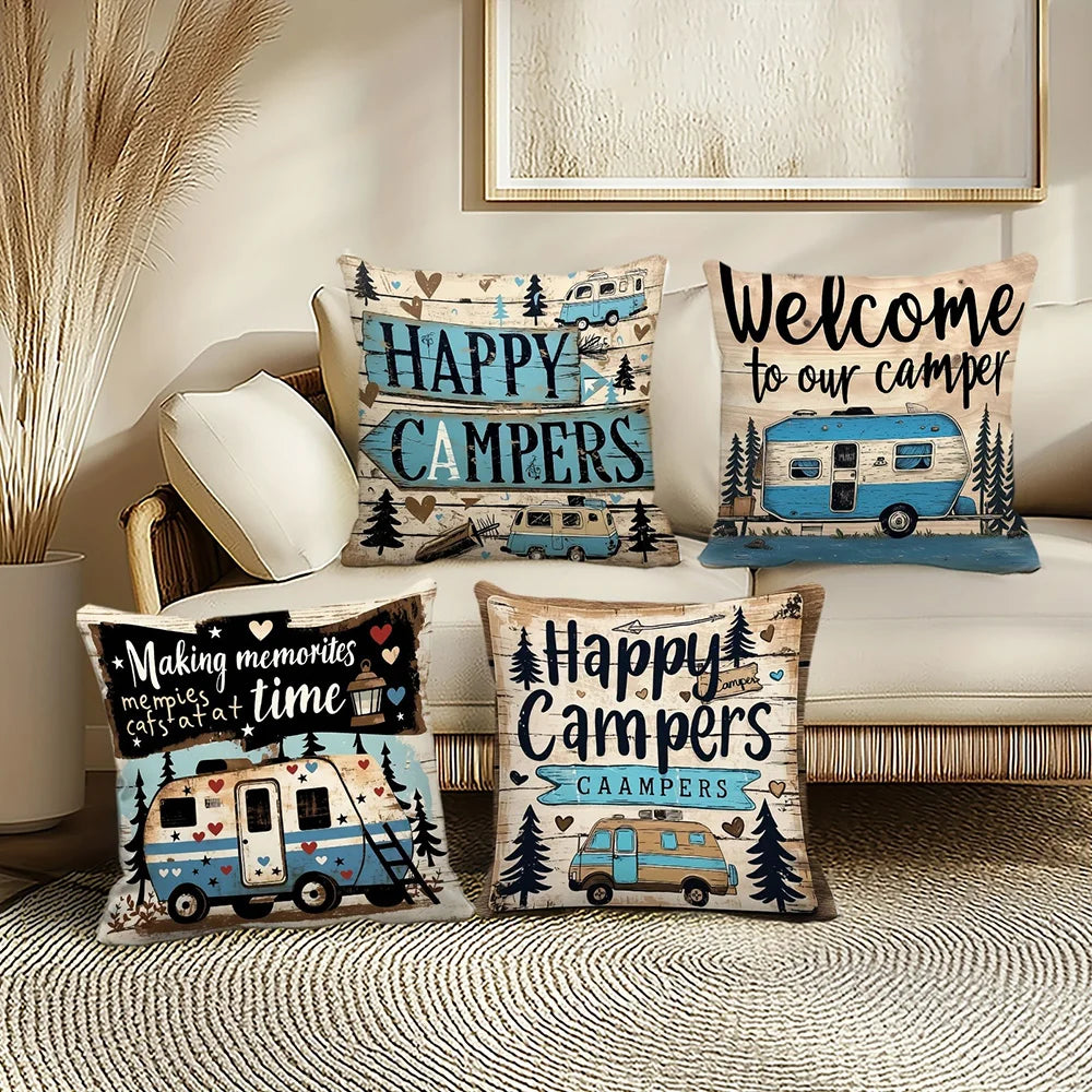 housses d'oreiller motif camper vintage bleu beige noir sapins coeurs polyester 45x45cm chambre maison