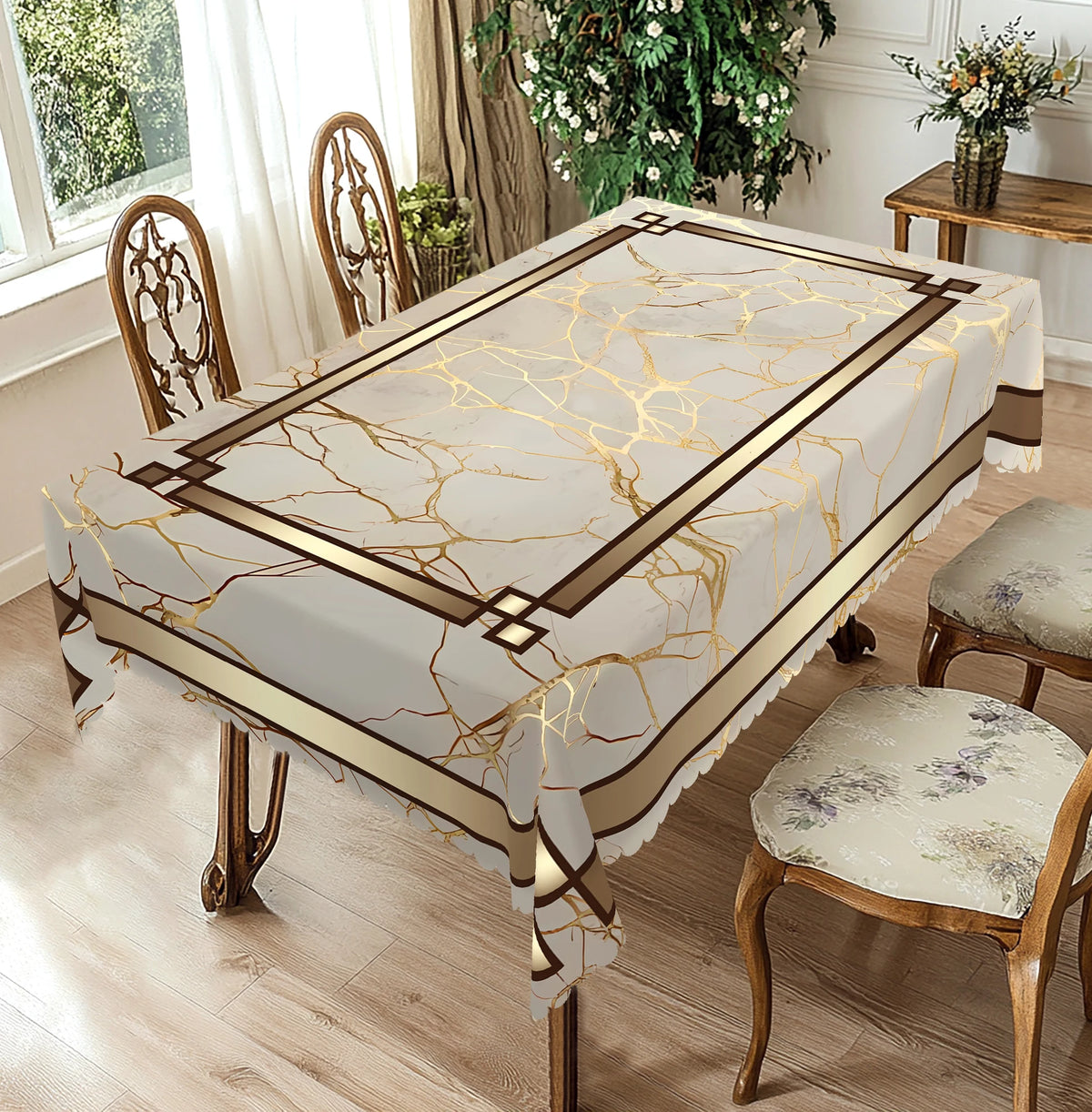 nappe table marbre doré classique imperméable extérieur mariage pâques beige marron veines scallops