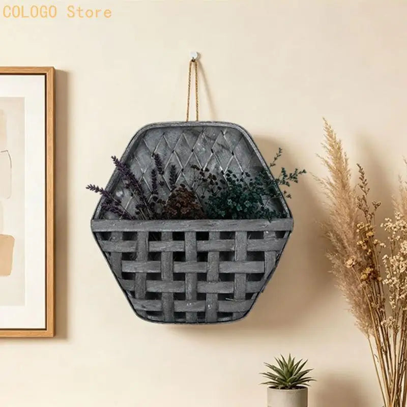 panier hexagonal gris rustique tissé diagonalement utilisation multiple décoration murale rangement maison appartement
