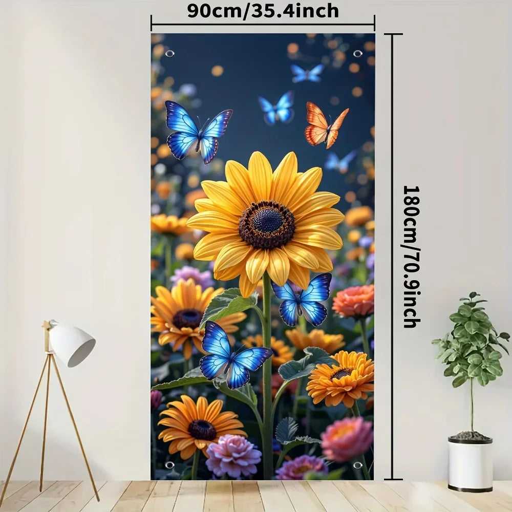 panneau mural décoratif fleurs tournesols papillons bleu nuit adhésif intérieur extérieur festive opaquement
