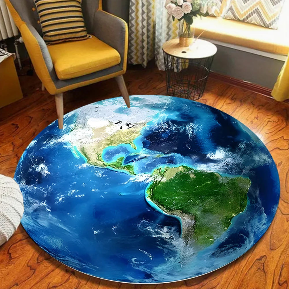 tapis rond moderne cartographie monde motif floral géométrique bleu vert blanc noir antidérapantintérieurextérieur