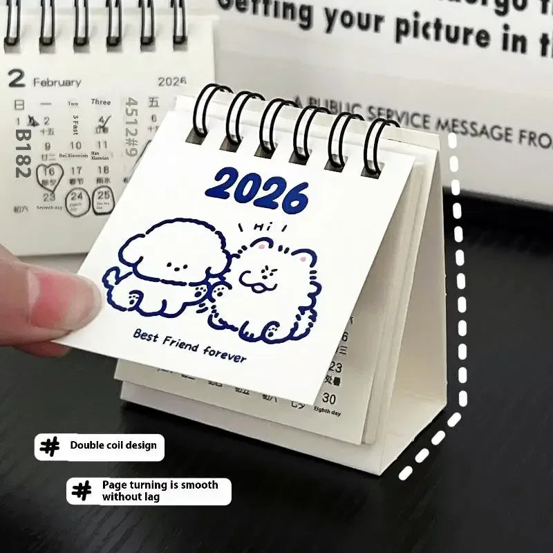 calendrier mini blanc bleu mignon dessins animés anneaux métalliques dates imprimées modernes minimalistes