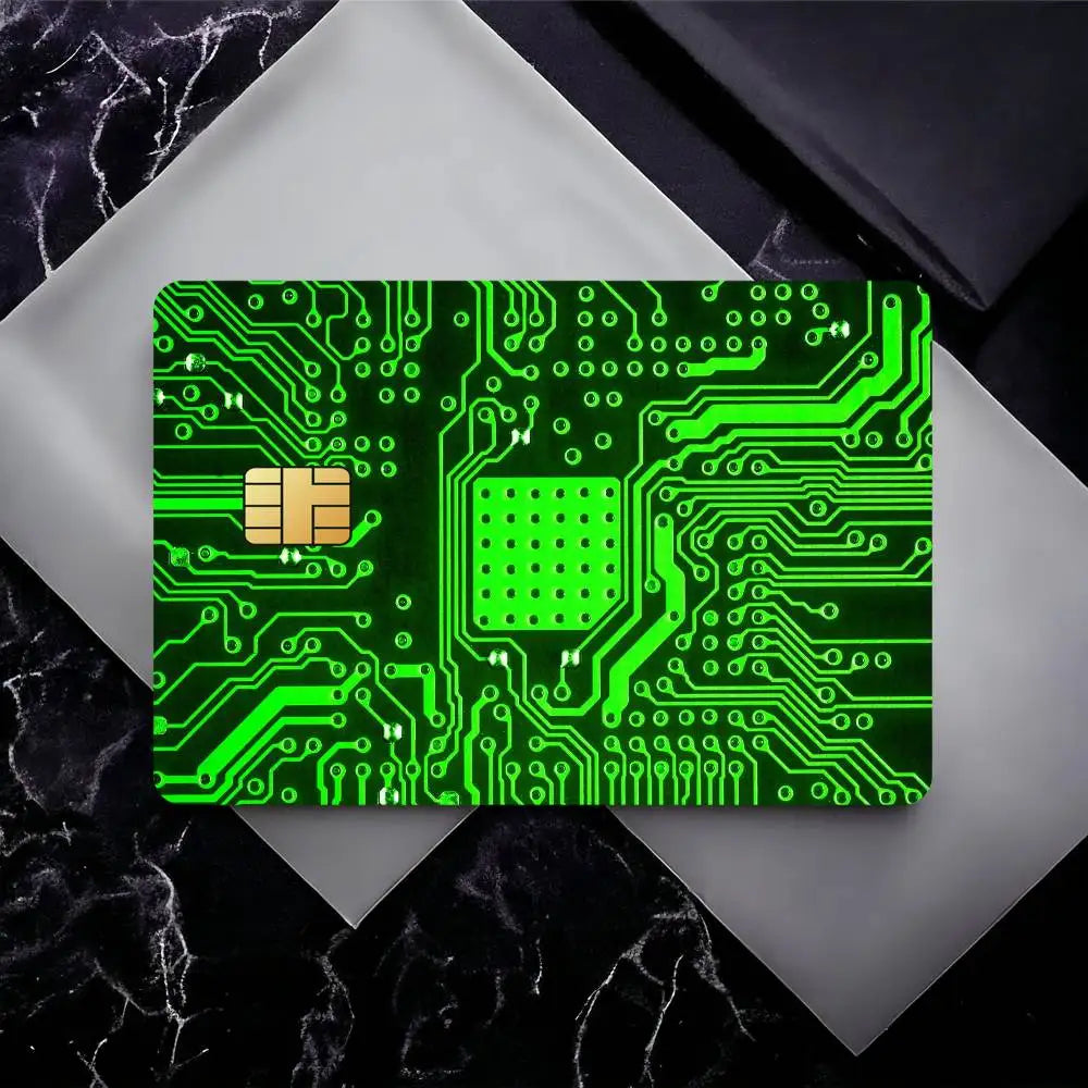 carte bancaire personnalisée adhésive circuit imprimé vert fond noir étanche résistante rayures empreintes digitales