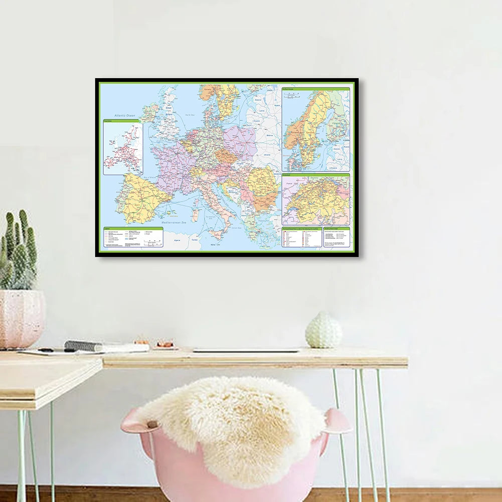 carte europe détaillée classique couleurs vives cadre doré noirintérieur décoration géographique éducative
