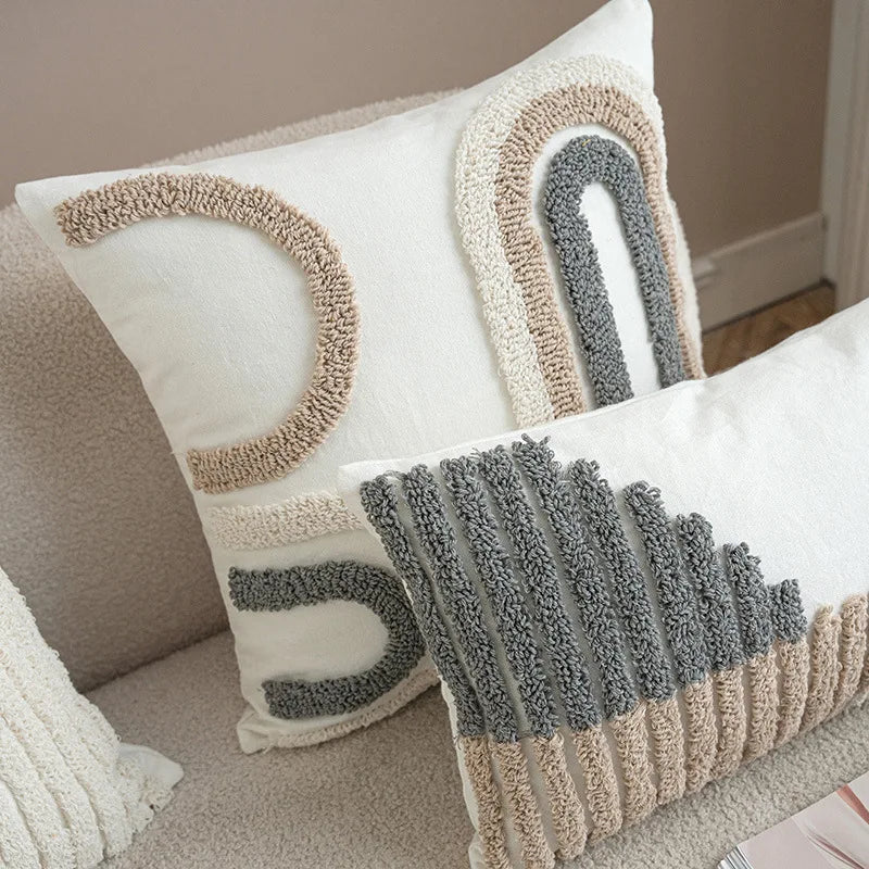 coussin géométrique moderne polyester gris beige amovible lavable contemporain decoration interieur tufter boheme