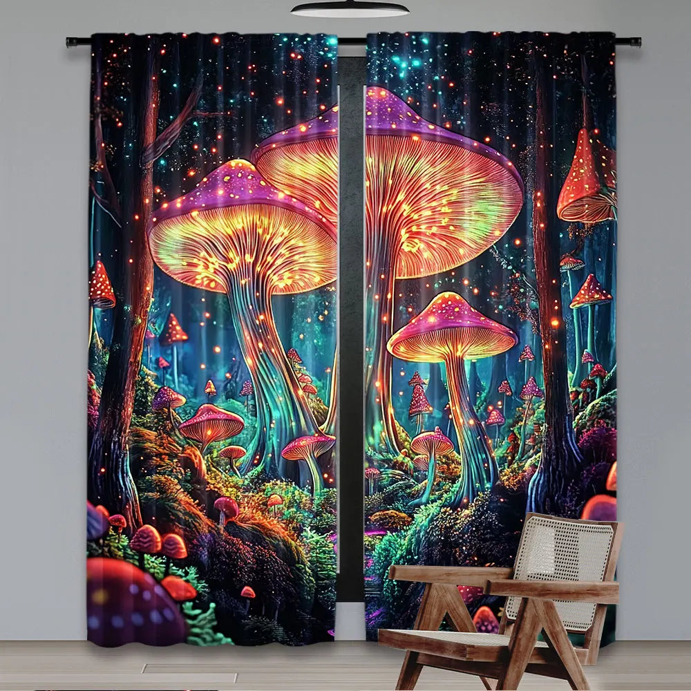 rideau polyester opaque champignons lumineux forêt fantastique couleur bleue verte rouge chambre salon
