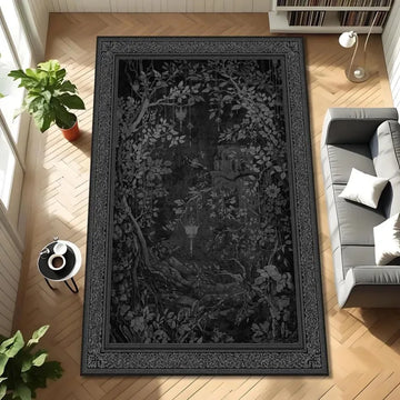 tapis noir végétal toile d'araignée mandala antidérapant chambre salon dark academia gothique moderne