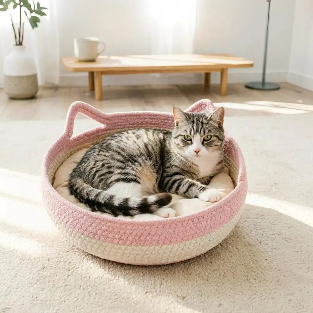 lit chat tissé main rose clair beige coussin amovible moderne