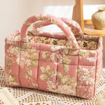 sac main fleur bleu vert beige réutilisable poignées vintage opacité multifonction portable