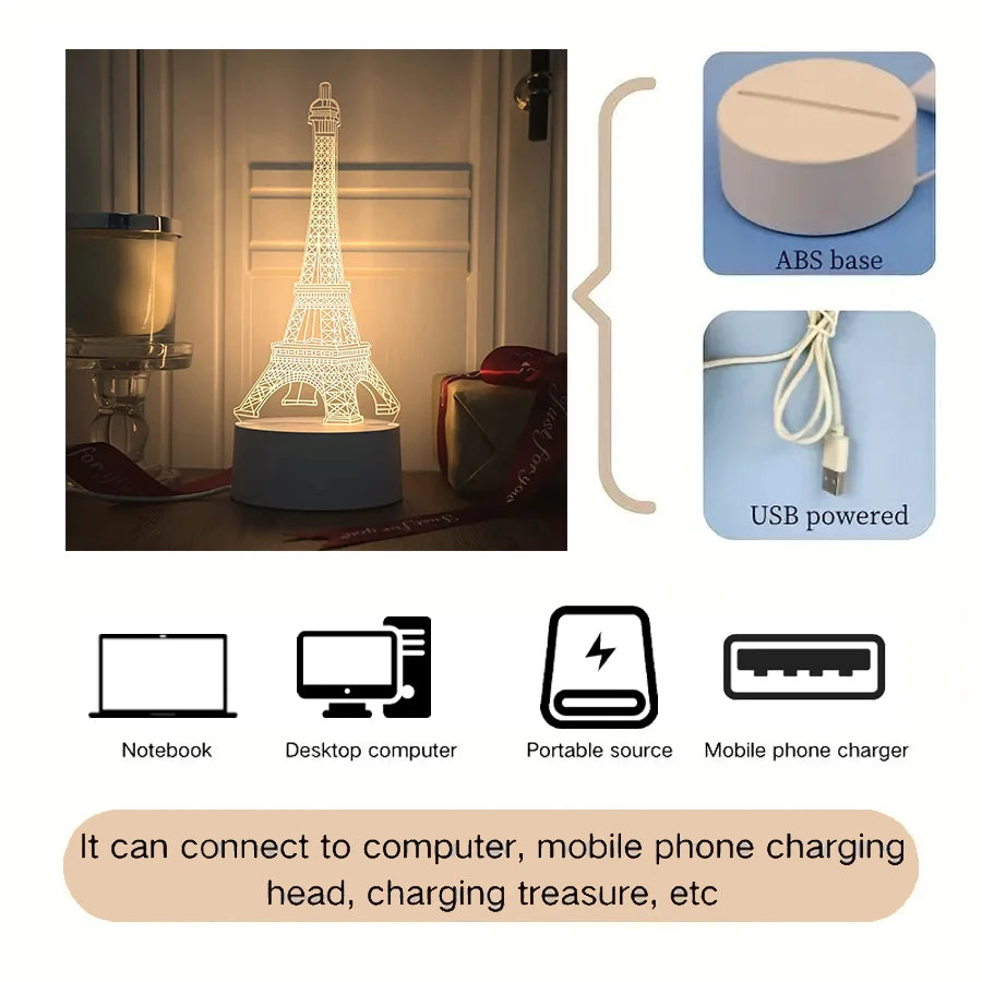 lampe led 3d tour eiffel blanc moderne sans fil usb charge
