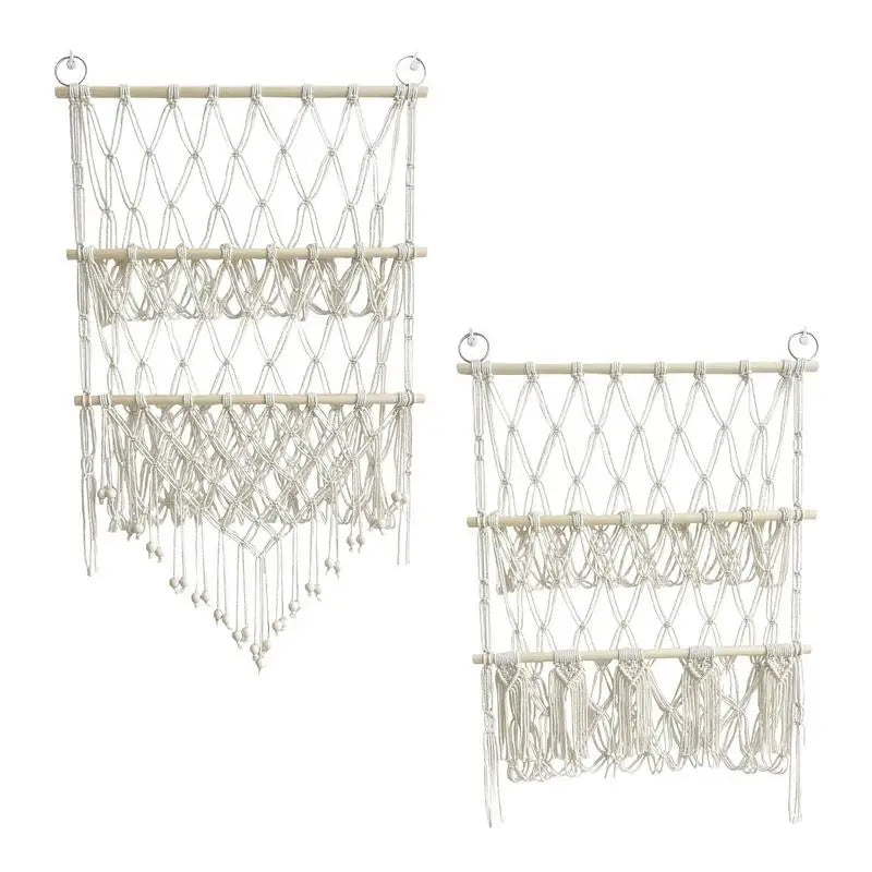 décoration murale macramé géométrique bohème franges suspendu tige bois ethnique artisanal triangles losanges