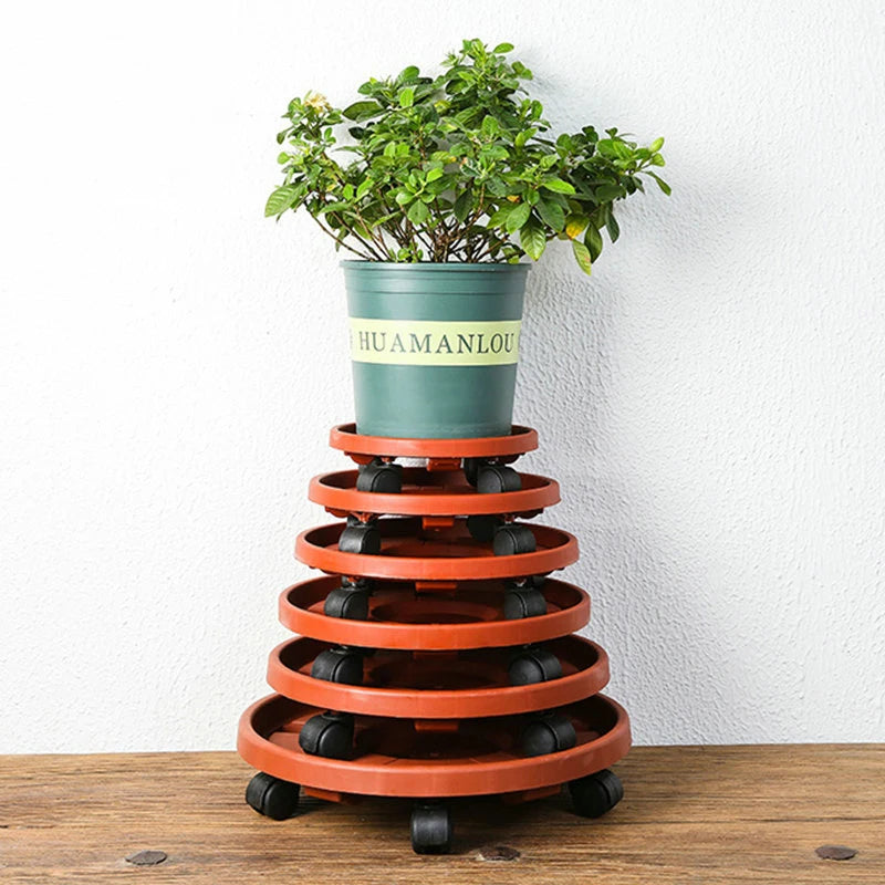 support roulettes pot fleurs orange moderne roues transparentes