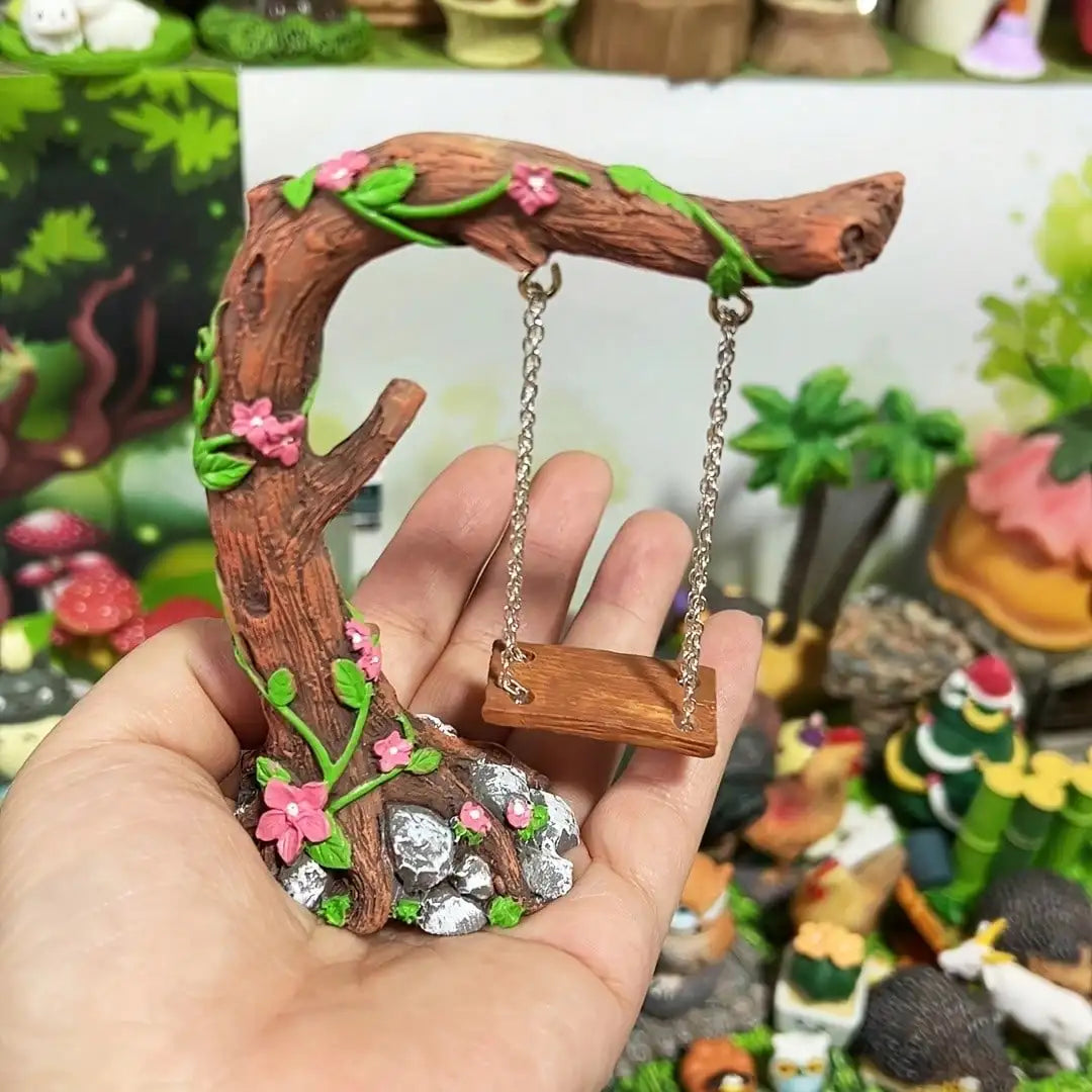 décoration extérieure balançoire miniature résine artisanale fleurs naturelles jardin pastoral