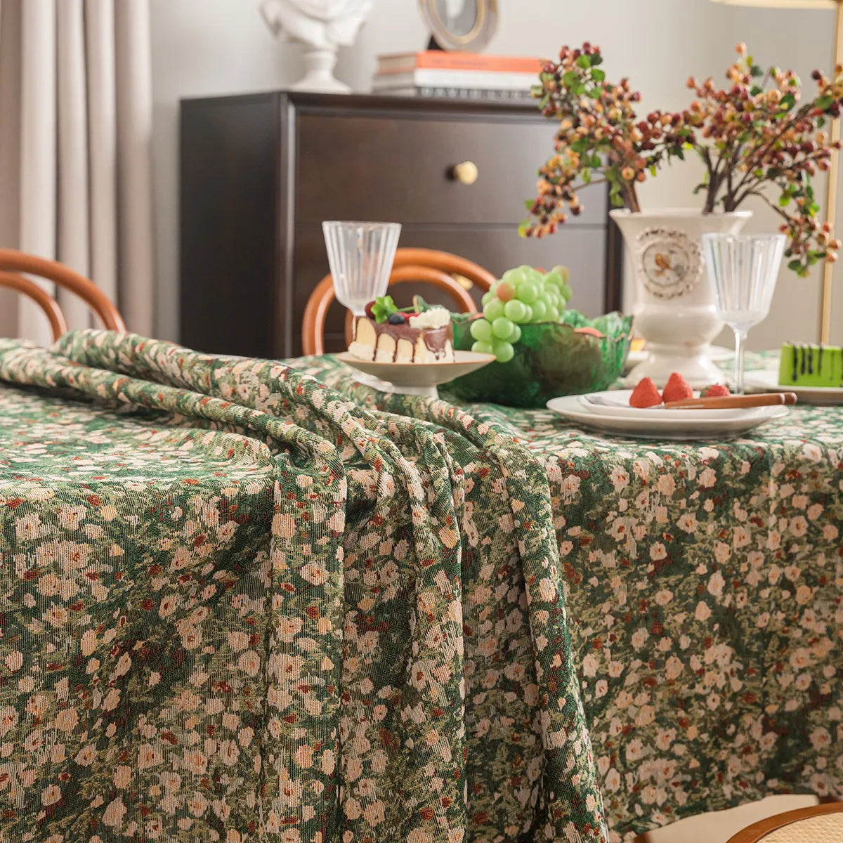 nappe vert fleurs fines coton polyester table maison fête classique assiettes verres