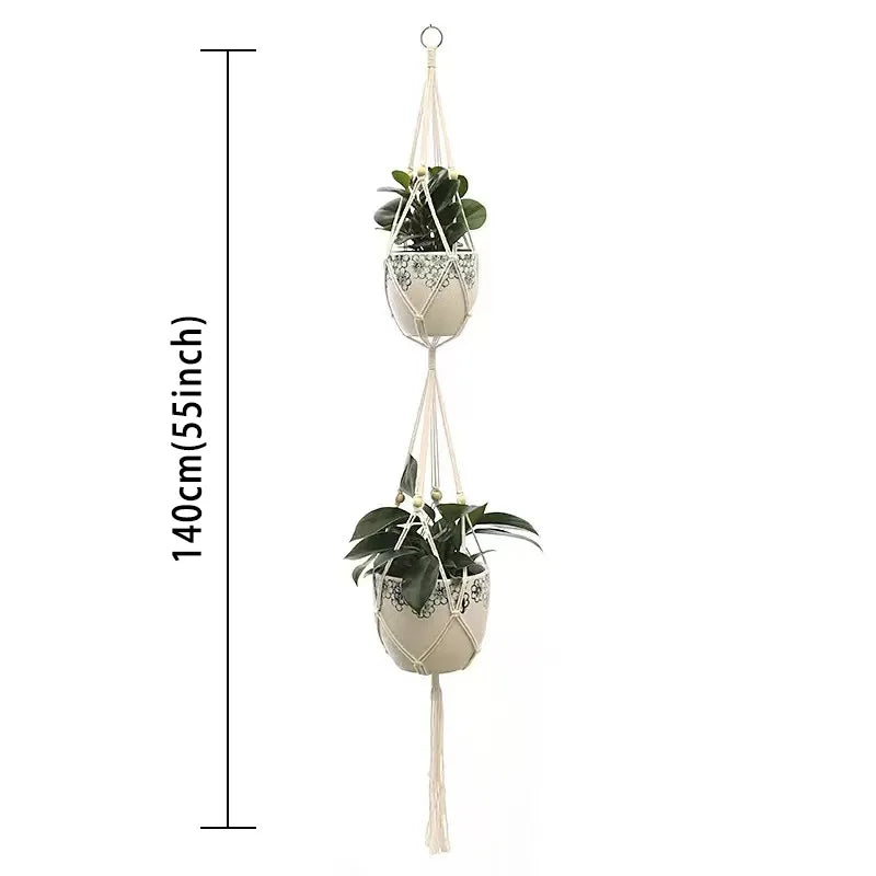 support plante suspendue macramé boho panier blanc noeuds réguliers artisanal pot fleuri