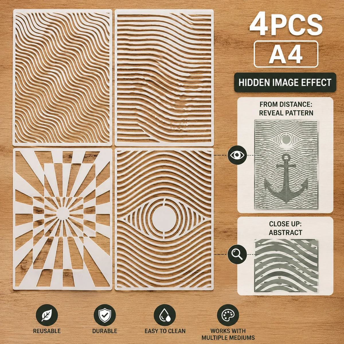 pochoirs peinture abstraite gabarits A4 rayures ondulées motif radial oeil moderne diy bois murs