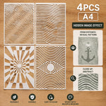 pochoirs peinture abstraite gabarits A4 rayures ondulées motif radial oeil moderne diy bois murs