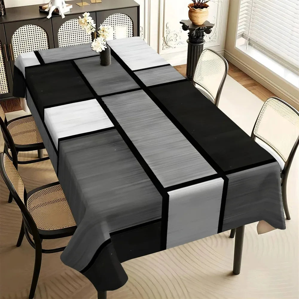 nappe table rectangulaire motif géométrique noir blanc gris décoration fête moderne polyester lavable