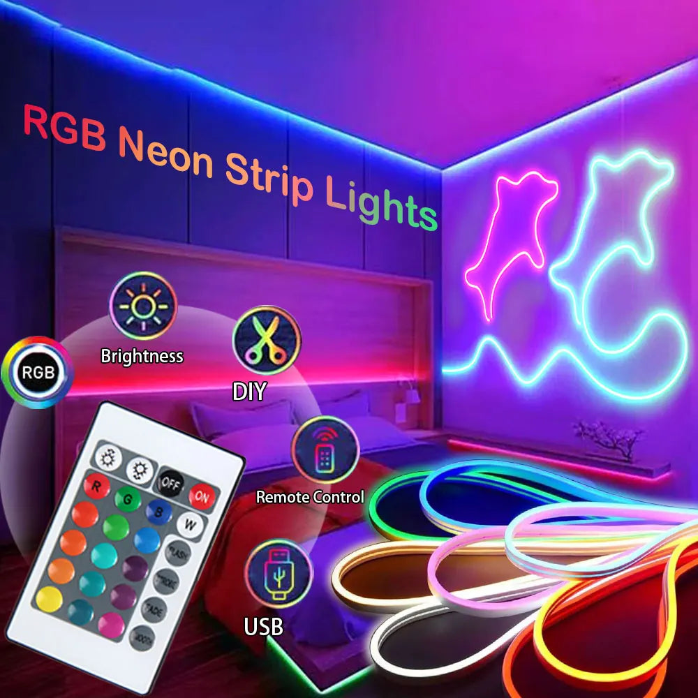 ruban led néon bleu rose blanc controle telecommande decoration moderne salon clips muraux