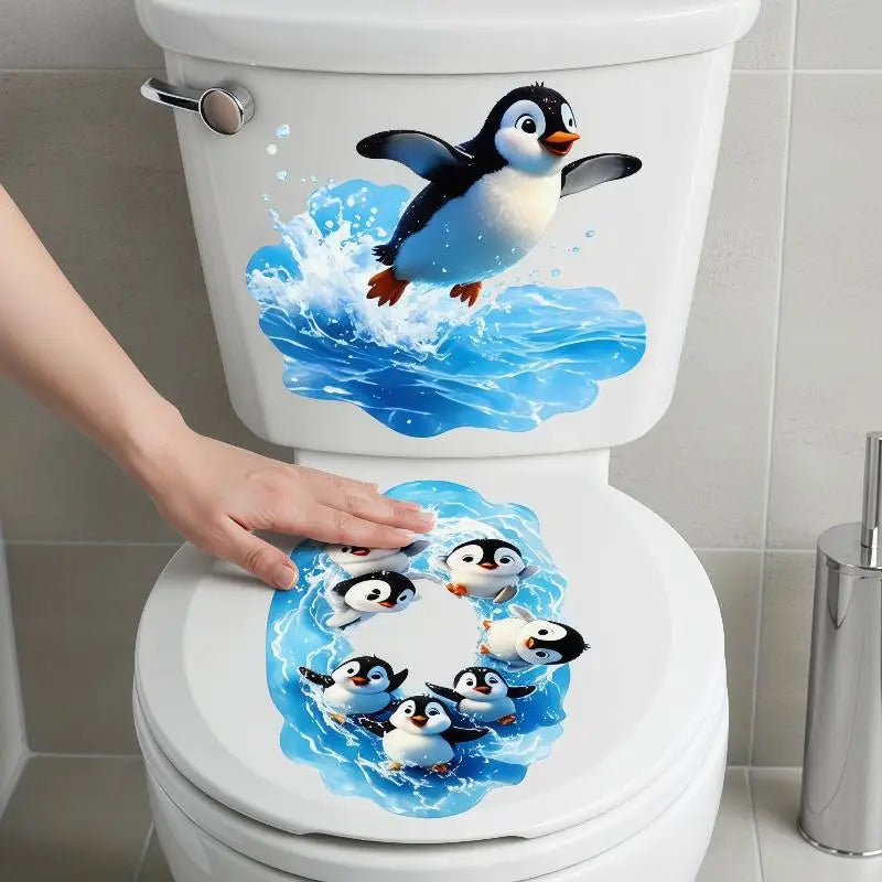 stickers toilette pingouins dessin animé bleu blanc orange adhésifs mur salle bain moderne pvc
