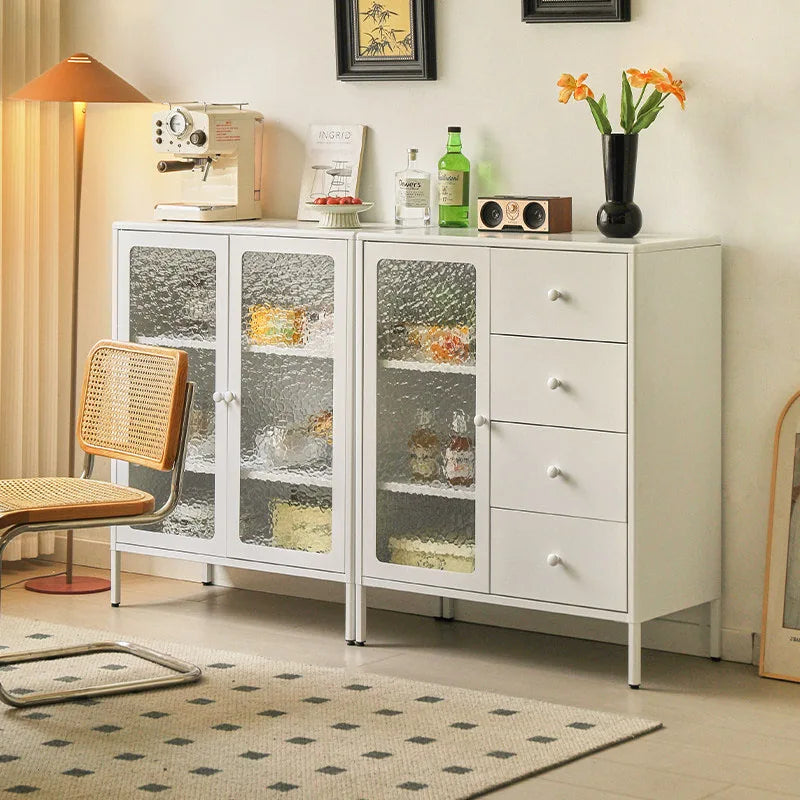 armoire tiroirs blanc moderne verre translucide poignées blanches pieds noirs
