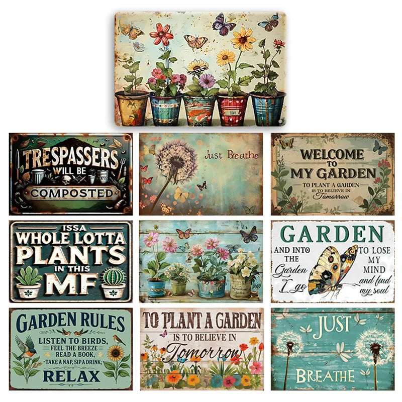 décoration murale vintage plaque métal fleurs papillons bois rétro nostalgieintérieur extérieur