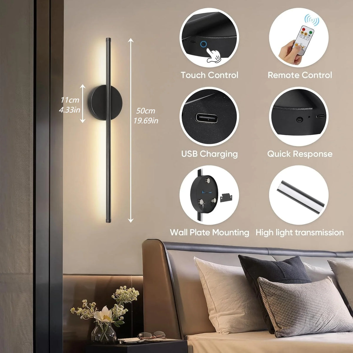 Lampes murales LED modernes rechargeables USB variante luminosité couleurs noir or