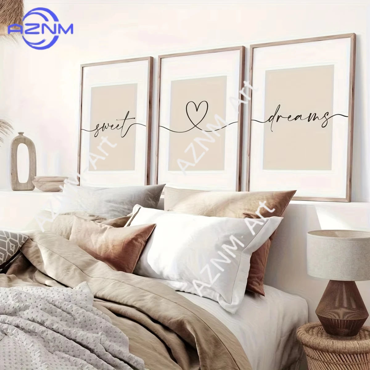 cadre art mural lettres coeur sweet dreams moderne minimaliste beige clair noir blanc