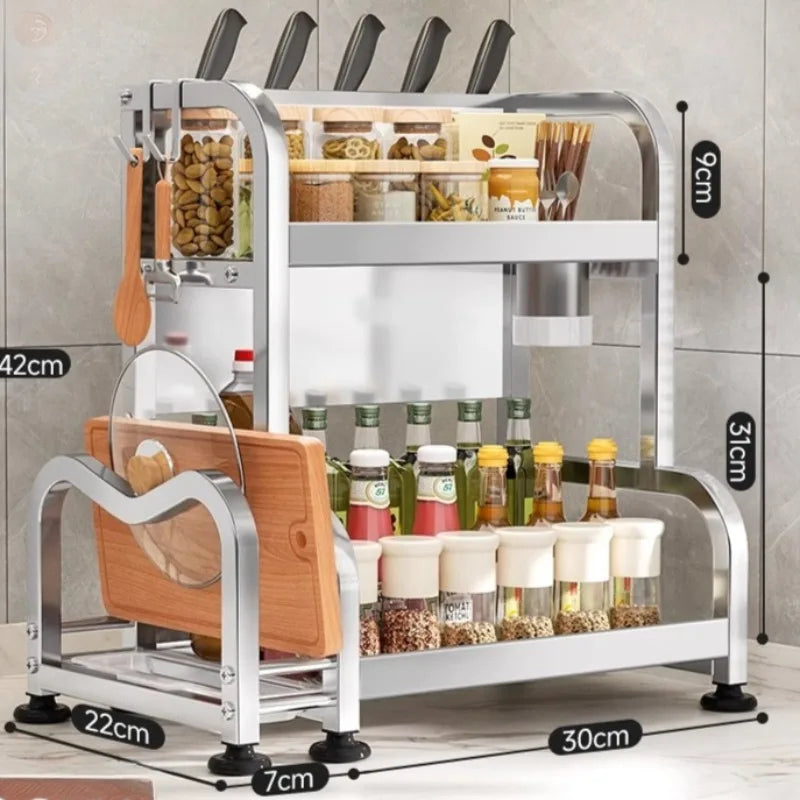 étagère cuisine métal argenté support couteaux bocaux épices rangement comptoir