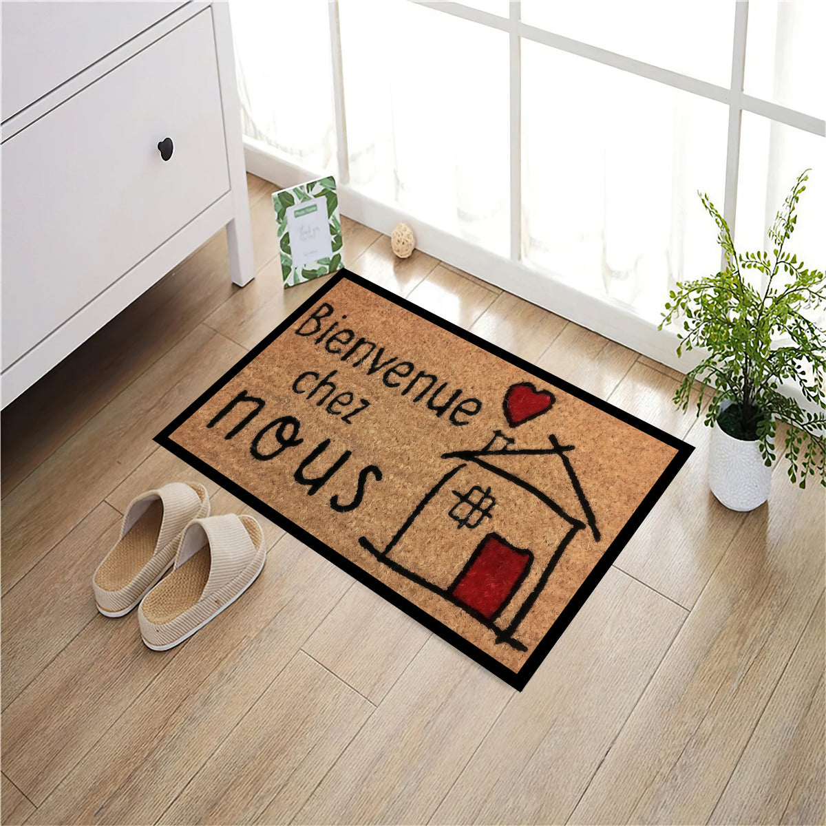 tapis d'entrée antiderapant caoutchouc marron clair noir rouge bienvenue maison cœur résistant corrosion
