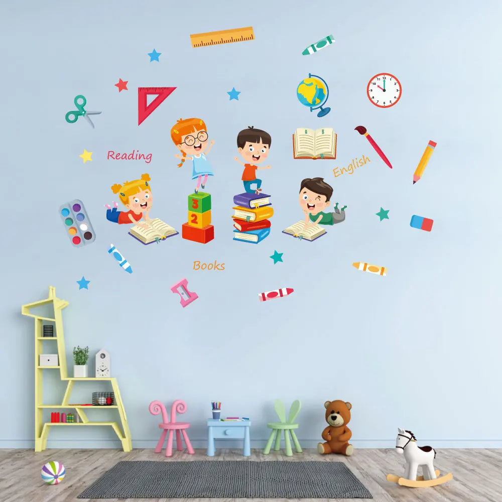 sticker mural multicolore thème scolaire enfants livres crayons règle globe adhésif décoration chambre enfants