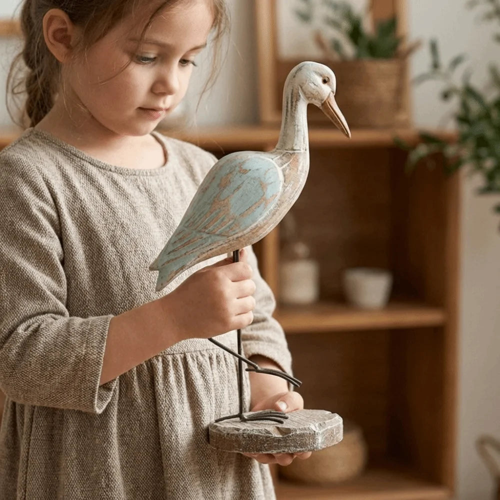 statue oiseau marin bleu clair bois vieilli rustique décoration intérieure ornement unique chambre