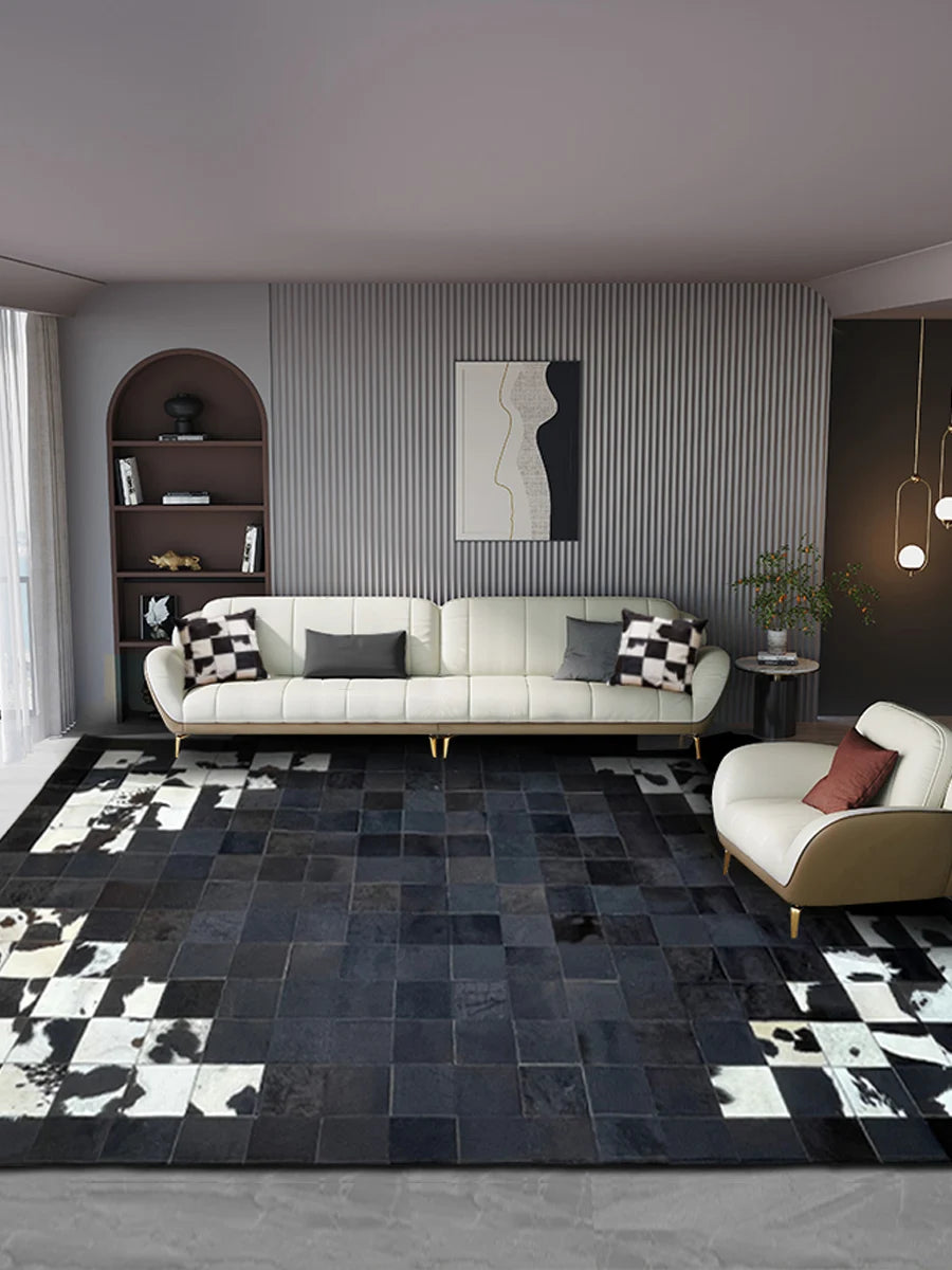 tapis noir blanc patchwork peau vache moderne salon chambre decoratif rectangle aubusson PVC