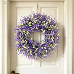 couronne florale artificielle violette blanche verte décoration extérieure mariage fête prénuptiale rustique naturel