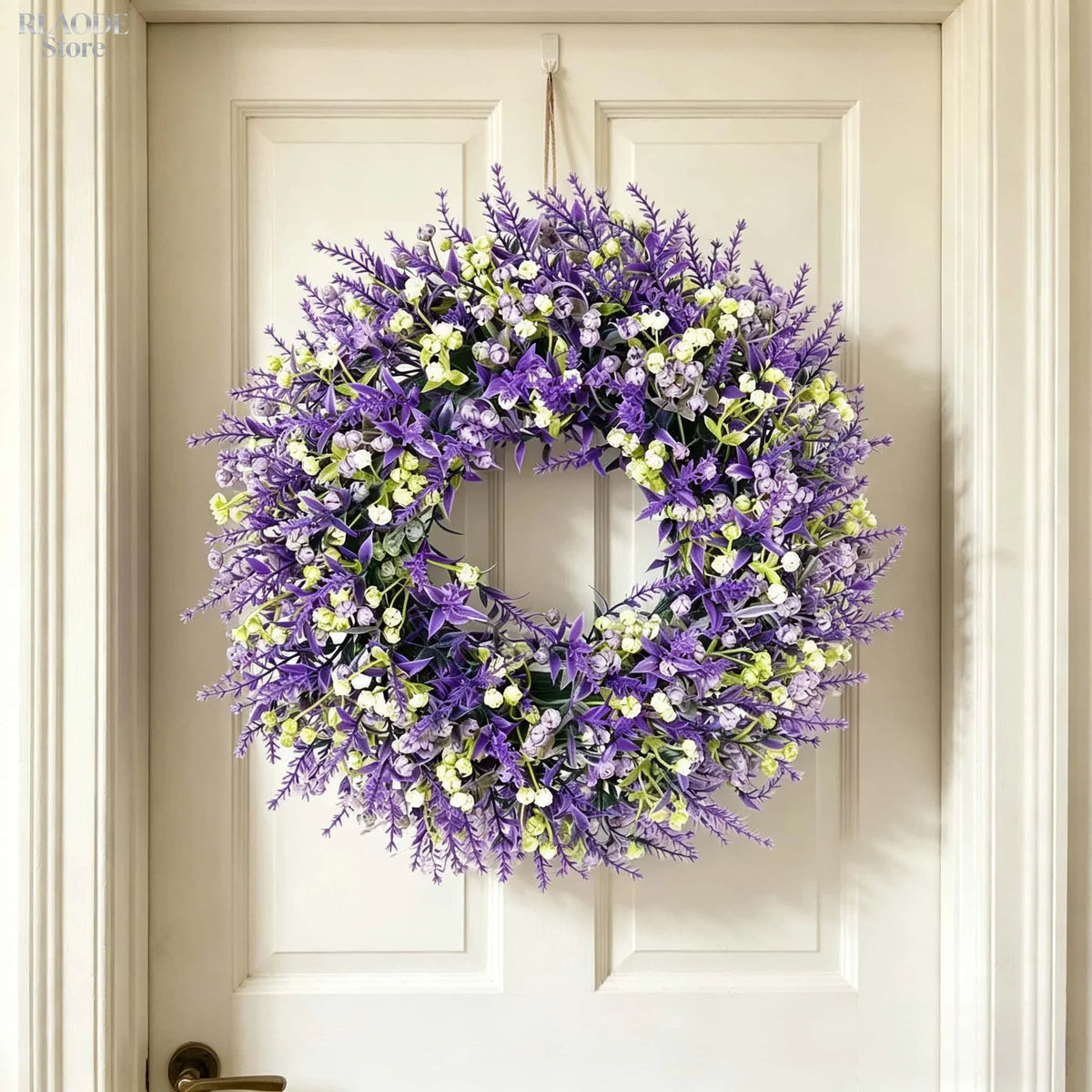 couronne florale artificielle violette blanche verte décoration extérieure mariage fête prénuptiale rustique naturel
