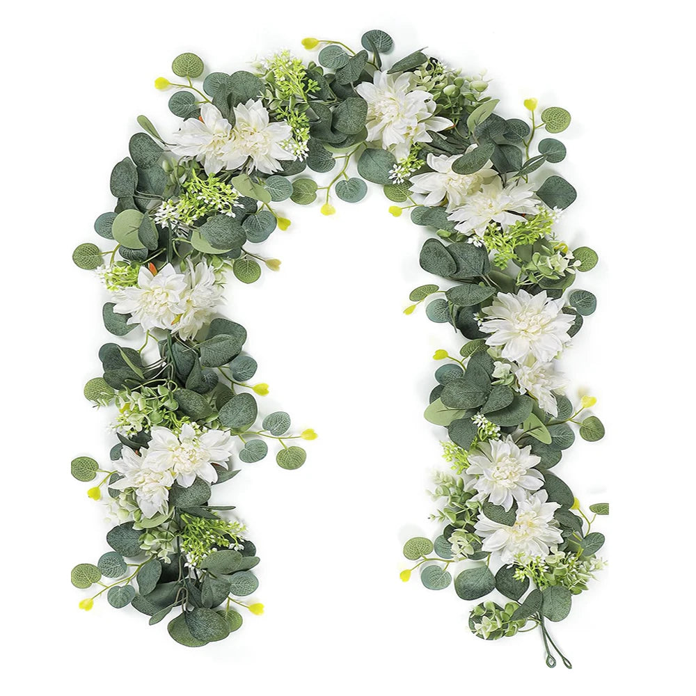 guirlande eucalyptus roses blanches fleurs decoration table mariage anniversaire exterieur vert blanc