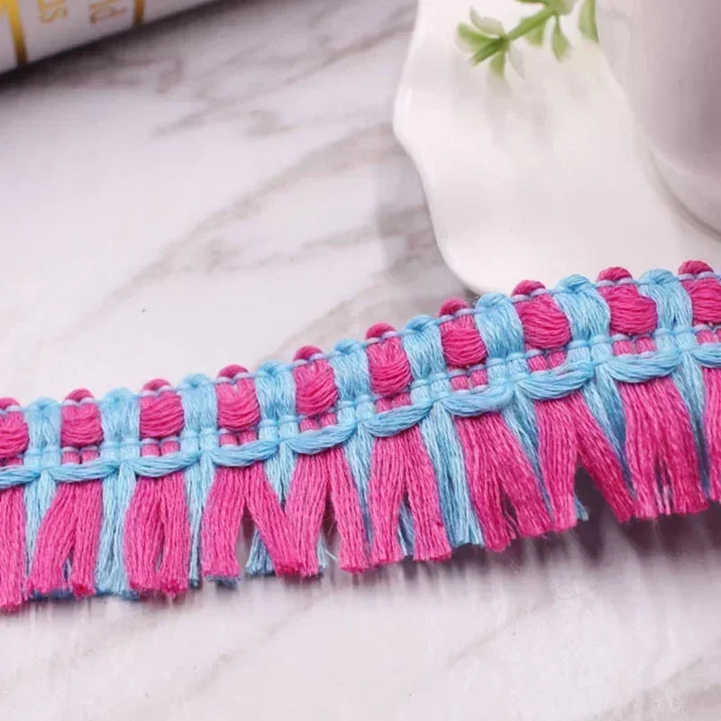 ruban tissé dentelle franges coton nylon bleu clair rose noir gris rayures horizontales artisanal