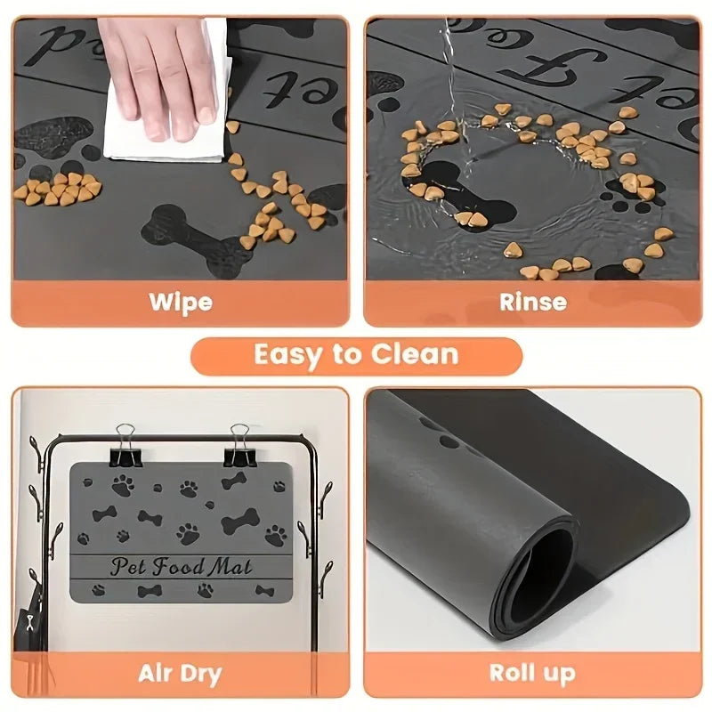 tapis moderne gris empreintes pattes chien os intégré gamelles antidérapant fixations adhésives chien repas