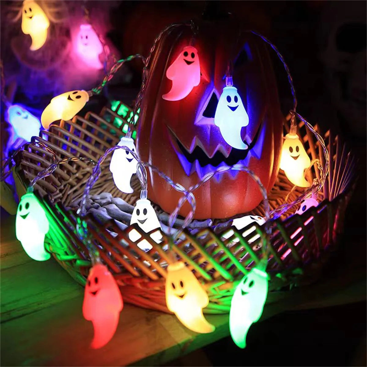 guirlande lumineuse halloween fantômes souriants led blanc jaune vert rose bleu festive vacances