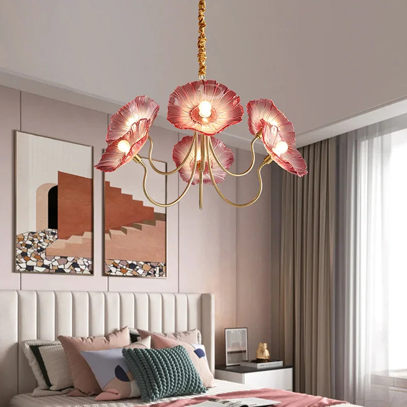 lustre moderne or rouge blanc feuilles florales translucides chambre salon