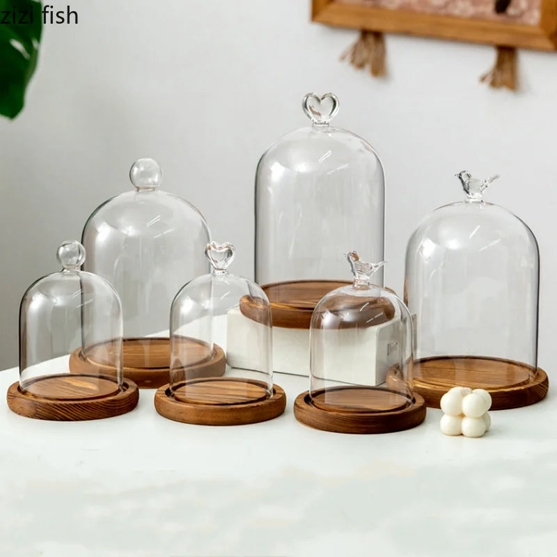 cloche verre transparent base bois bougie parfumée pinçon décoratives