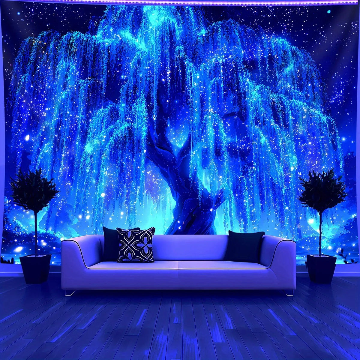 tapisserie arbre vie étoiles nuit bleu noir blanche impressioniste chambre uv décoration festive halloween