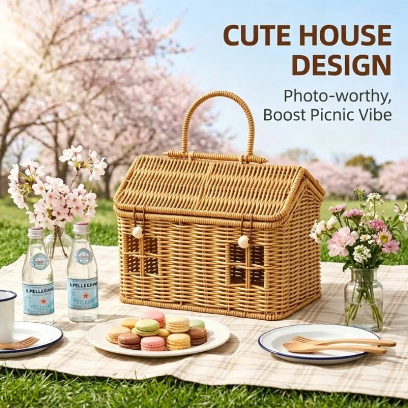panier pique nique marron clair tressé vintage poignée fruits collations assiettes fourchettes transparent vintage