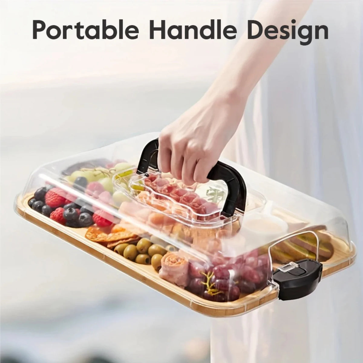 plateau charcuterie bambou transparent couvercle clips poignée noire fruits viandes fromages
