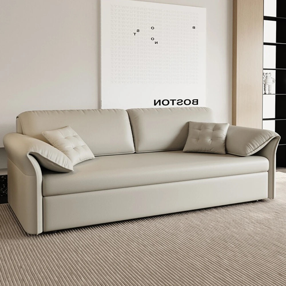 canapé lit moderne bois tissus composites beige clair oreillers multifonctionnel salon maison