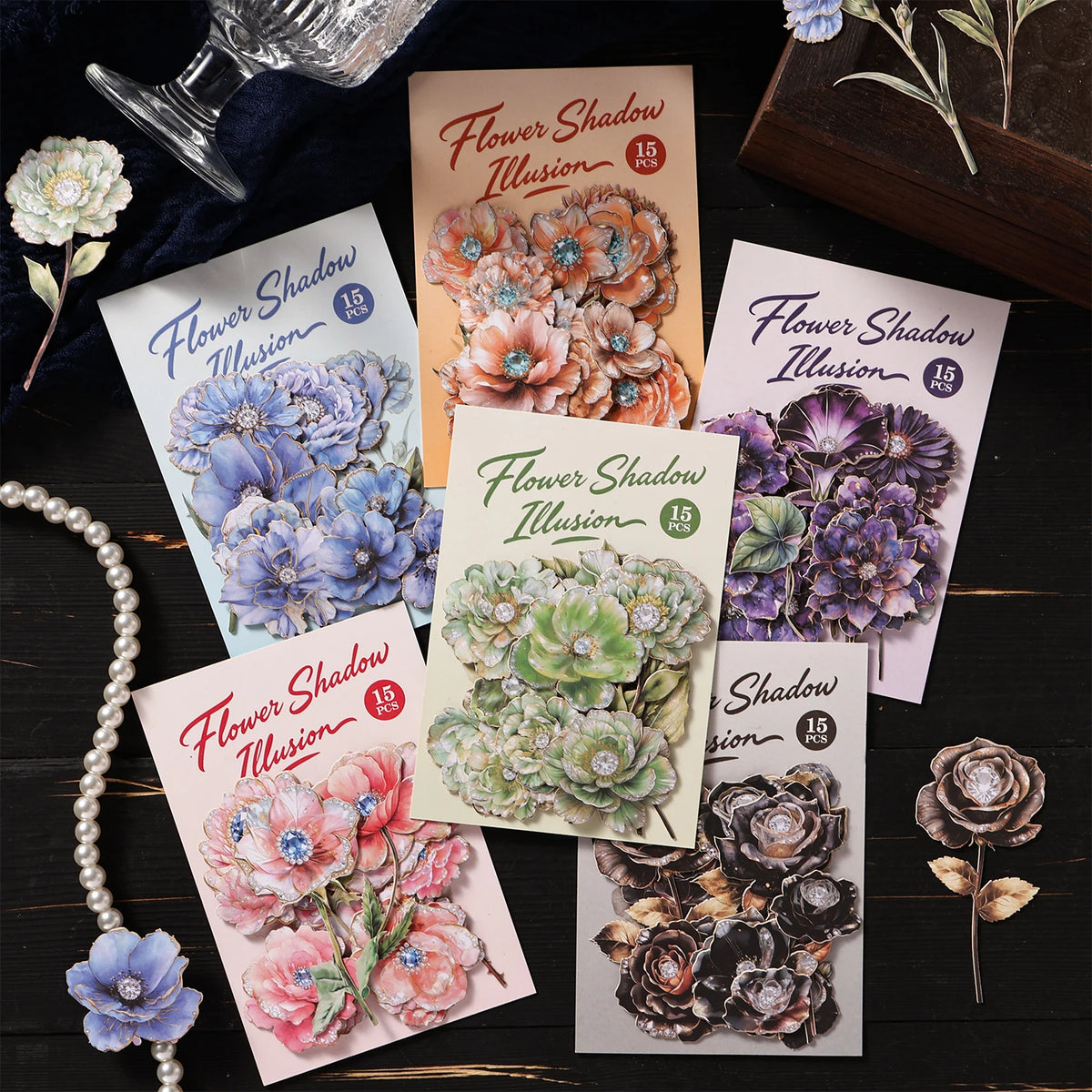 autocollants décoratifs fleurs stylisées violet rose bleu vert noir adhésif papier synthétique vintage romantique