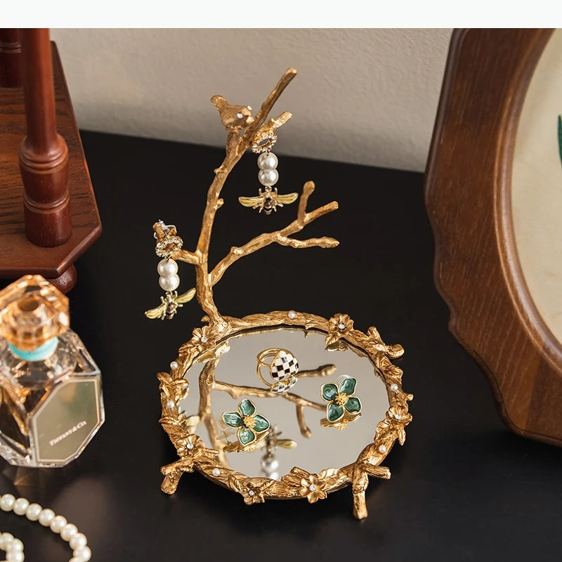 présentoir bijoux miroir doré plateaux cosmétiques assiettes rectangulaires ovales motifs floraux