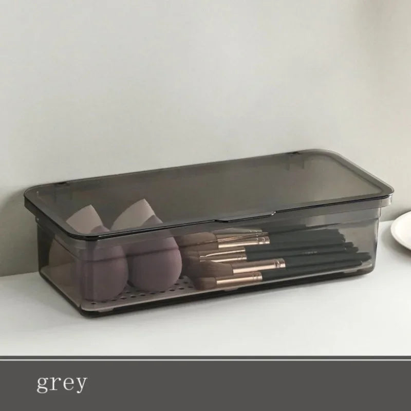 boîtes rangement cosmétiques pinceaux éponges maquillage gris marron clair moderne minimaliste transparentes