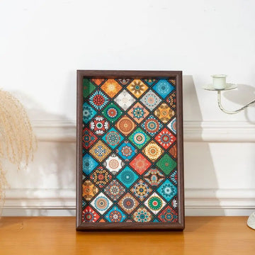 plateau bois géométrique multicolore motifs floraux moderne décoration entrée rangement servir objetos personnels