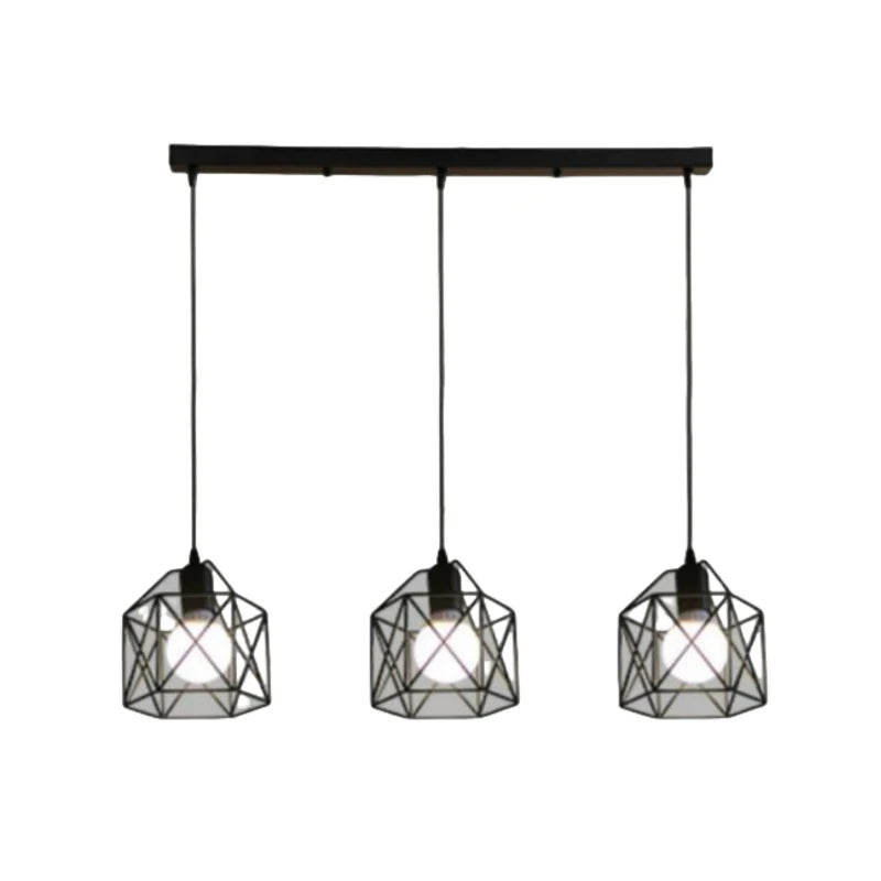 suspension lumineuse industrielle noir grille géométrique opacité ampoules e27